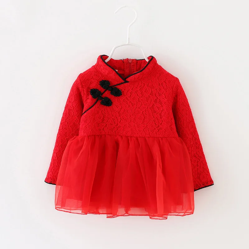 2017 Spring winter new mandarin collar red Girls tutu Dress Baby Girl
