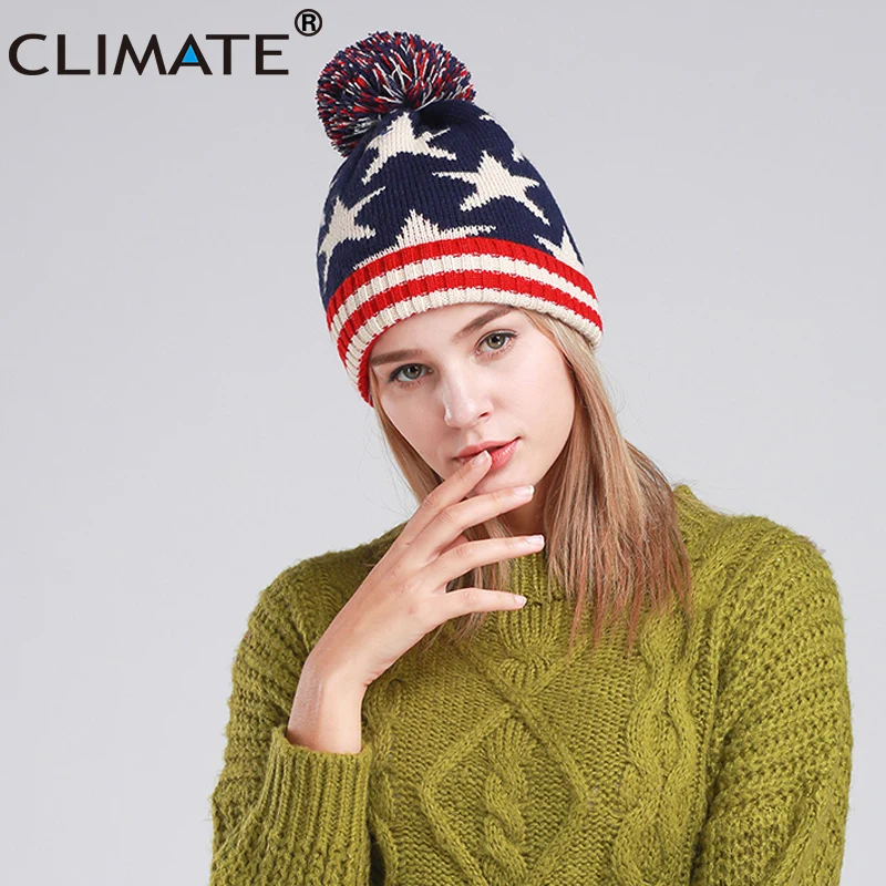 Женские зимние теплые шапки CLIMATE шапка с флагом США вязаная помпоном для девочек