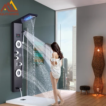 

Quyanre Black Digital Shower Panel Coulum LED Rain Waterfall Shower Wall Mounted Side Spa Jets Bathroom Shower Set