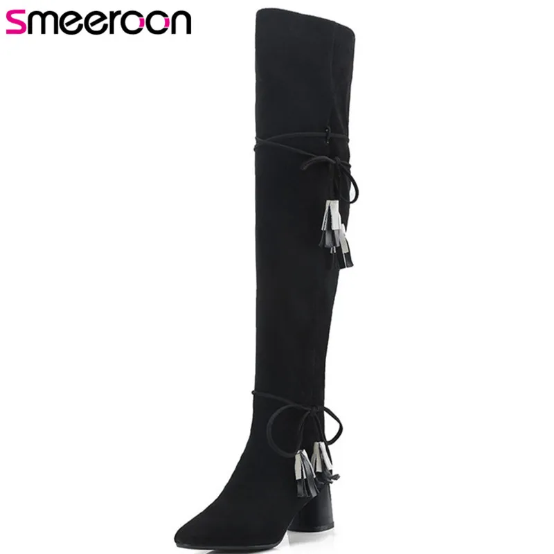 

Smeeroon 2018 new arrival thigh high over the knee boots women pointed toe suede leather boots zip high heels shoes woman