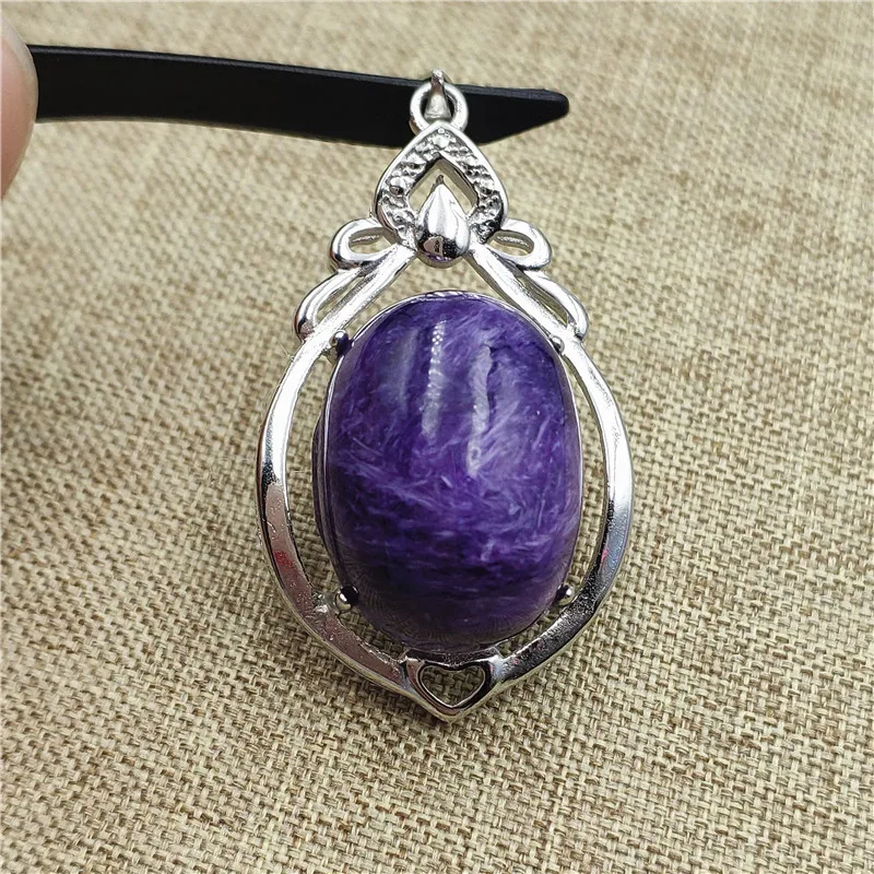 

100% Natural Purple Charoite Gemstone 33x22mm Pendant Woman Best Crystal Round Shape Silver Plated Reiki Stone AAAAAA