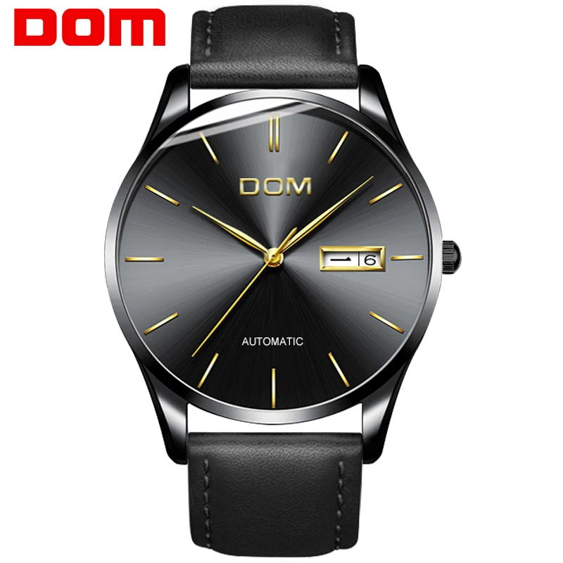 

Men&#39s watch New DOM Top Luxury Brand real leather sport watch Mechanical Wristwatches waterproof relogio masculino M-89BL-1M