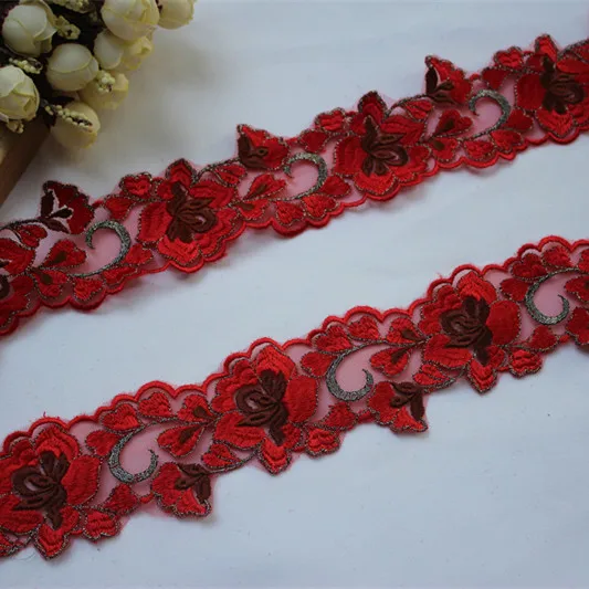 

5cm 1.96"wide-5Yards/lot Lace Accessories Embroidered Floral Tulle Lace Trim in Red+Coffee+Silver Red Mesh Embroidey Lace