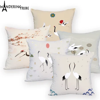 

Chinese Style Flying Crane Cushions Cover Decorative Sofa Print Pillow Cover Animal Pillowcse Home Decor Personalized