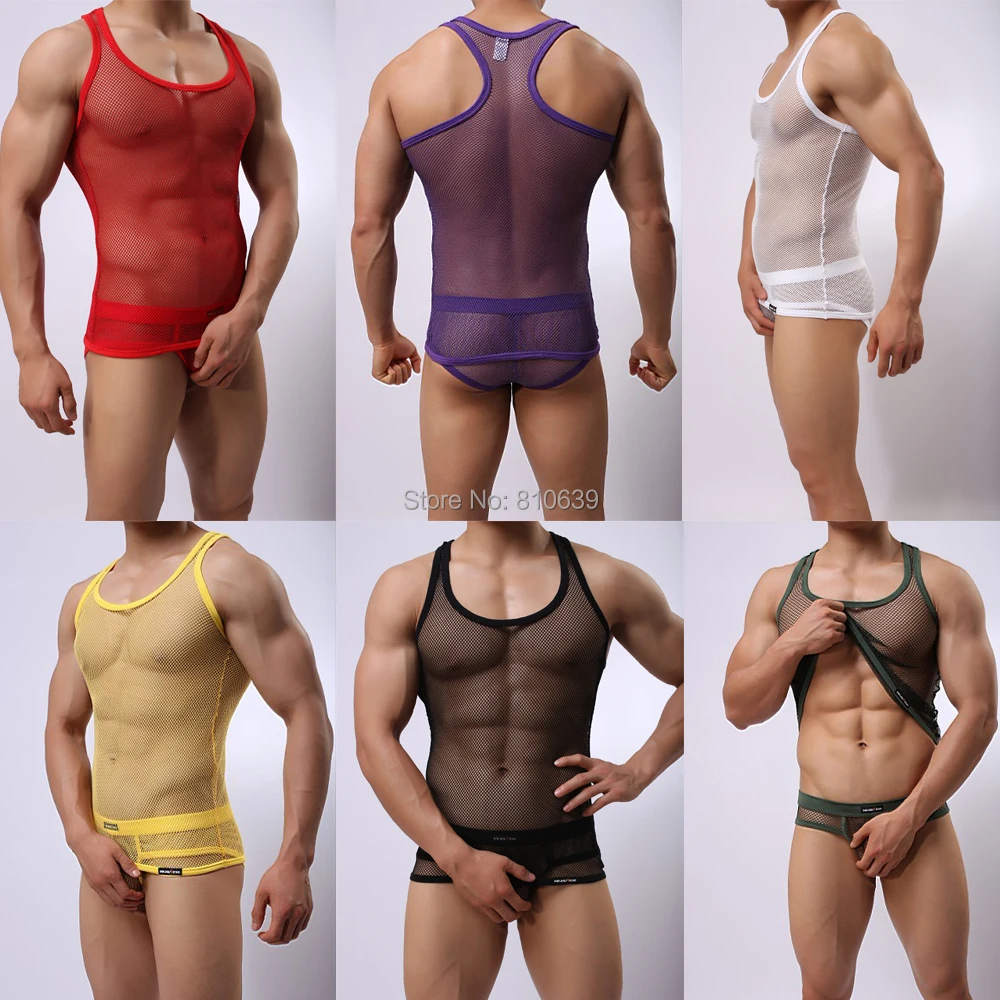 Sexy Mens Fishnet See-Through Tank Top Sleeveless T-Shirt &quotTank-Top Only&quot Mesh Gay | Мужская одежда