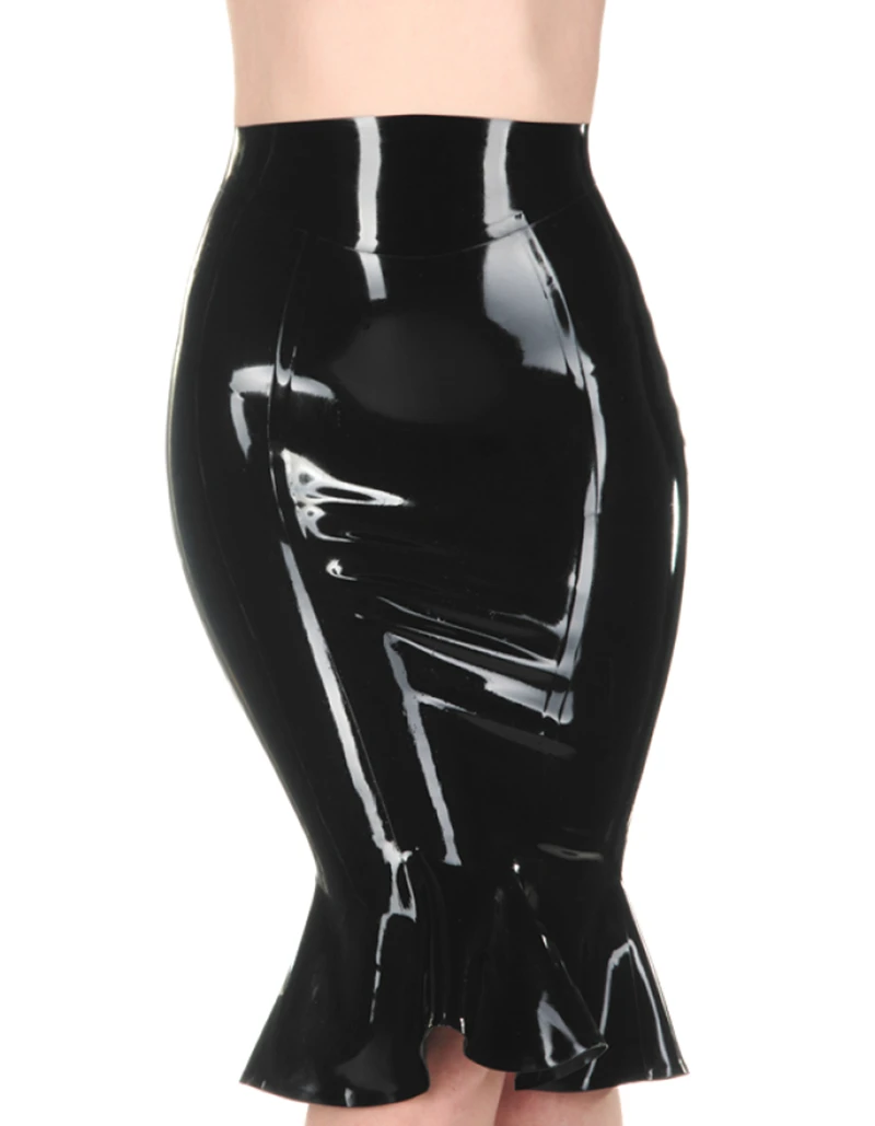 

Black Latex Knee Length Skirts Rubber Latex Flouncy Short Dresses With Back Short Zip Made to Measure Latex Clothes（No top)