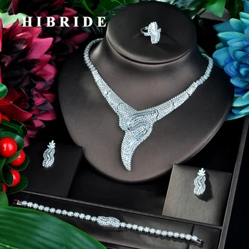 

HIBRIDE Famous Brand Luxury Shinning Flower Leaf Women Wedding Bridal Cubic Zirconia Necklace Dubai Dress Jewelry Set N-813