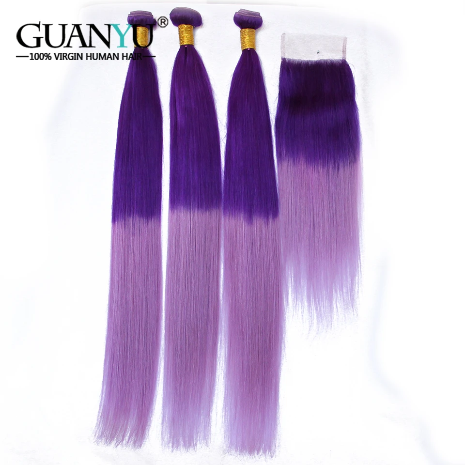 Guanyuhair светло-фиолетовый перуанский Ombre Hair 3 Связки с 4X4 кружева застежка фиолетовый цвет прямо Реми натуральные волосы ткет