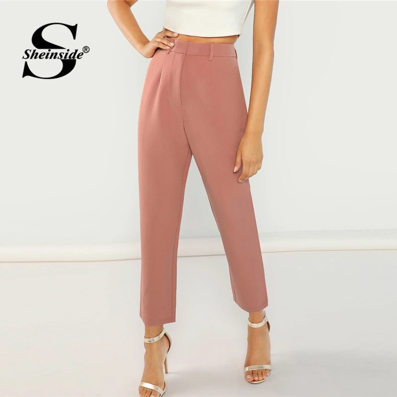 

Sheinside Pink Elegant High Waist Pants Women 2019 Spring Casual Zipper Crop Trousers Office Ladies Solid Carrot Pants