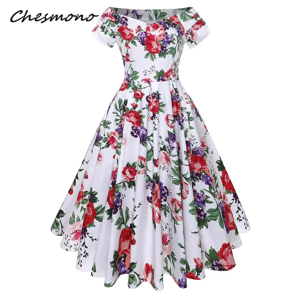 

Hepburn Style 50s 60s Retro Vintage Pin Up Midi Dress Sexy Off Shoulder Slash Neck Short Sleeve Floral Swing Flared Dress Robe