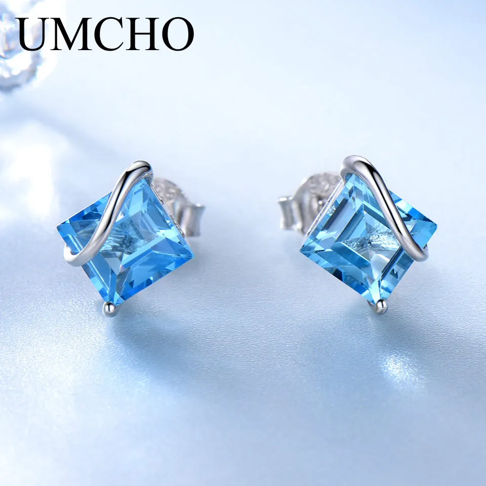 

UMCHO 2.5ct Natural Swiss Blue Topaz Gemstone Earrings 925 Sterling Silver Stud Earrings For Women Wedding Gift Fashion 2018