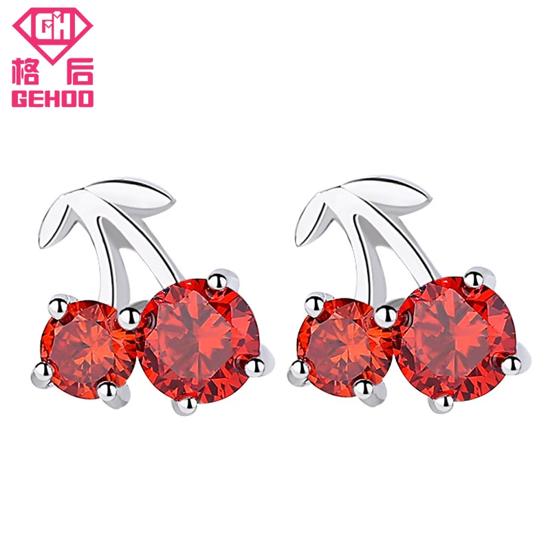 

GEHOO Solid 925 Sterling Silver Cherry Shape Red Color Stud Earrings Ear Fine Jewelry Gift for Woman Mom Girls Gift Femme
