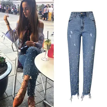 

SupSindy Woman jeans ladies Pearl rivet vintage straight high waist jeans ripped tassel mom jeans for women pants denim trousers