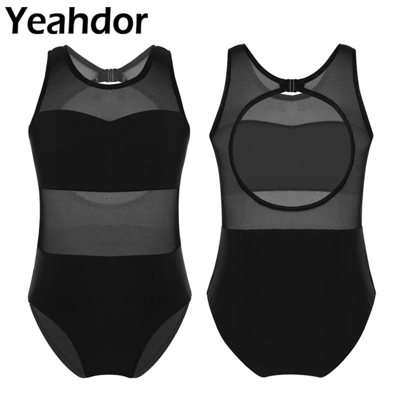 

Kids Girls Sleeveless Mesh Splice Cutout Back Ballet Dance Gymnastics Leotard Jumpsuit Ballerina Bodysuit Girls Ballet Leotards