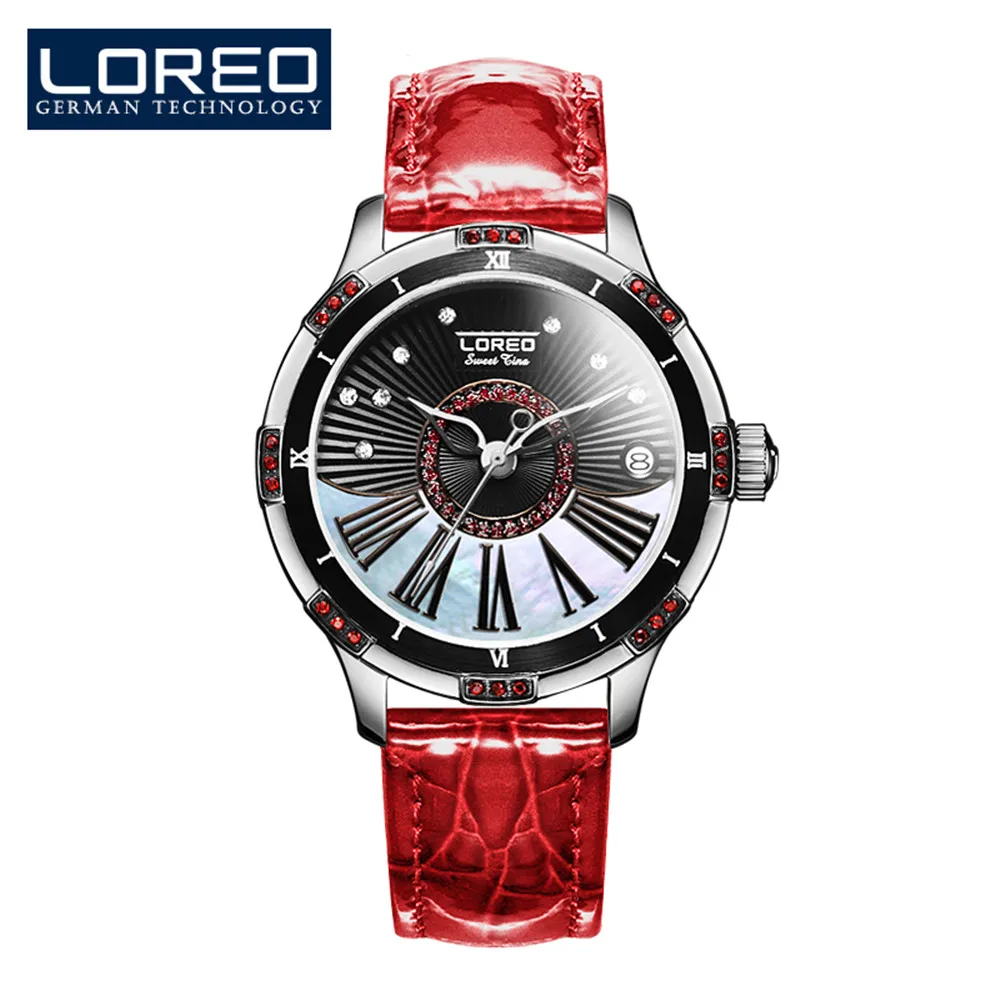 LOREO Роскошные автоматические механические серебристо-белые часы для женщин водонепроницаемые женские наручные часы Лидирующий бренд кожаные часы Relogio - Цвет: Red Black