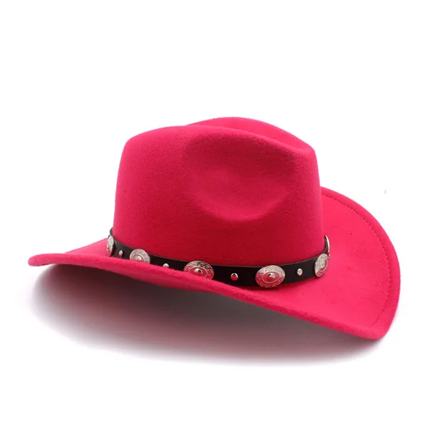 Винтажная шерстяная детская ковбойская шляпа для мальчиков и девочек с широкими полями, ковбойская джазовая Кепка с кожаной кепкой Toca Sombrero, 54 см - Цвет: Rose Red