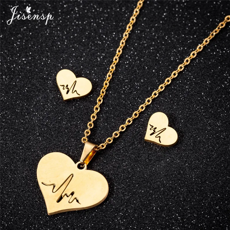 

Jisensp Ecg Heartbeat Necklace Love Heart Necklaces Pendants for Women Gold Stainless Steel Jewelry Earrings Doctor Accessories