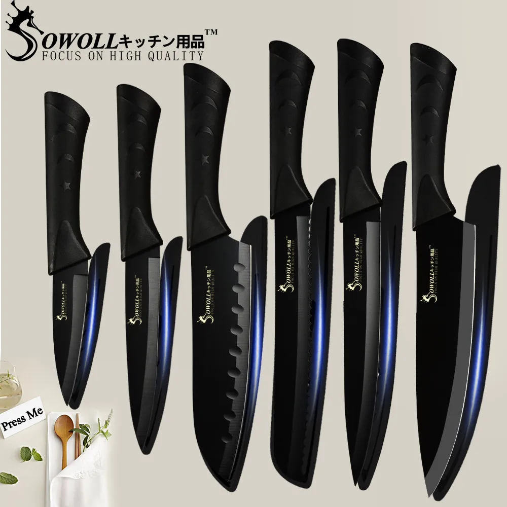 SOWOLL Нержавеющая сталь Кухня Ножи 3,5 ''5 ''7''8'' Обстрагывая утилита Santoku нарезки хлеба мясной нож шеф-повара рыбы Кухня гаджеты - Цвет: A.6pcs set