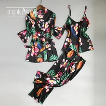 Inplusni женский халат, набор цветов, роскошное искусственное шелковое платье, наборы, сексуальная ночная рубашка с бретельками брюки, платье, четыре сезона, комплект из трех предметов, женский халат