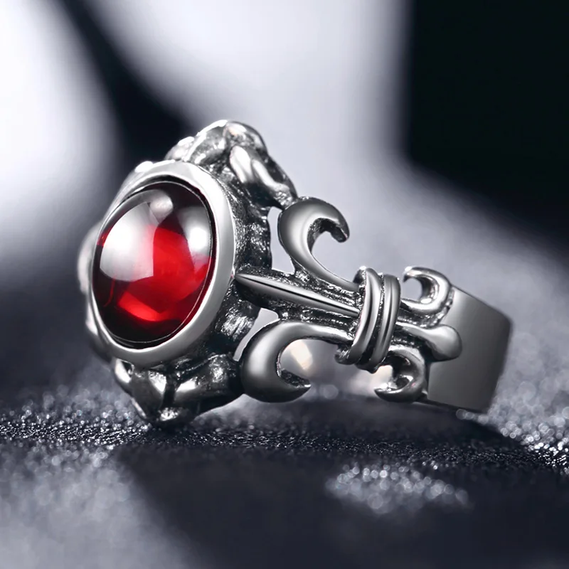 

925 Silver Ring Male Men With Has Creative Retro Red Gem Jewelry