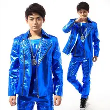 Синий заклепки диагональная молния сцена 1 Мода человек Короткая кожаная куртка пальто мужские куртки для мужской одежды пальто жилет брюки