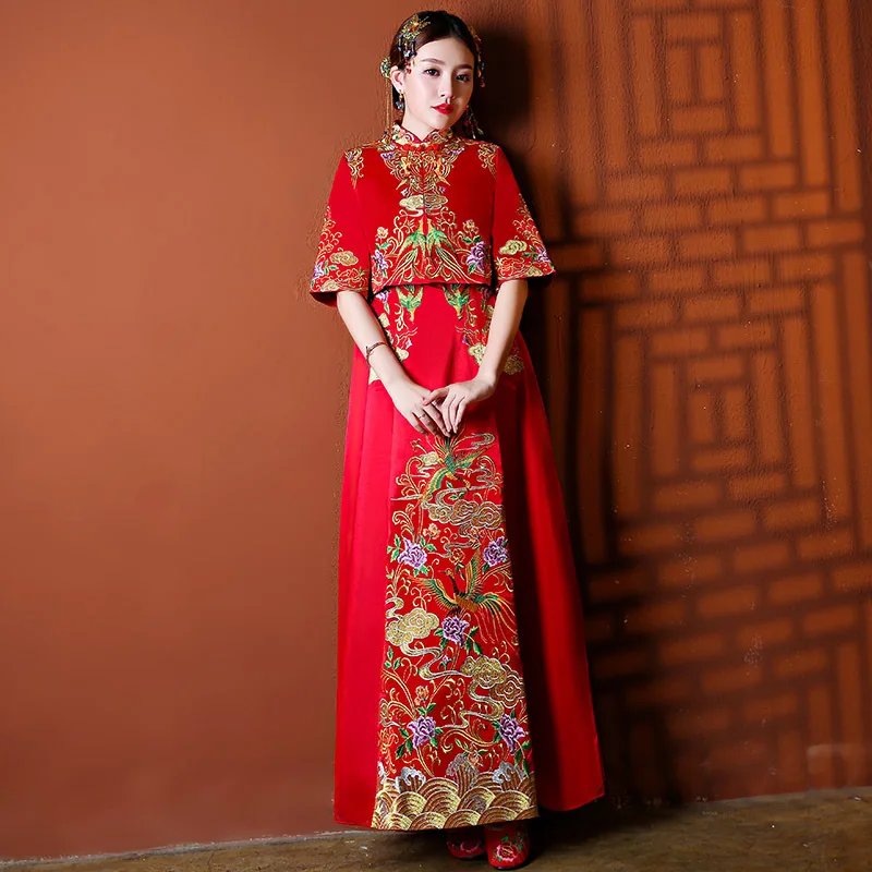 Винтаж Китайский Hanfu костюмы Красный классический цветок и Феникс Cheongsam костюм 2 шт. Элегантные Свадебные Вышивка Qipao Vestidos