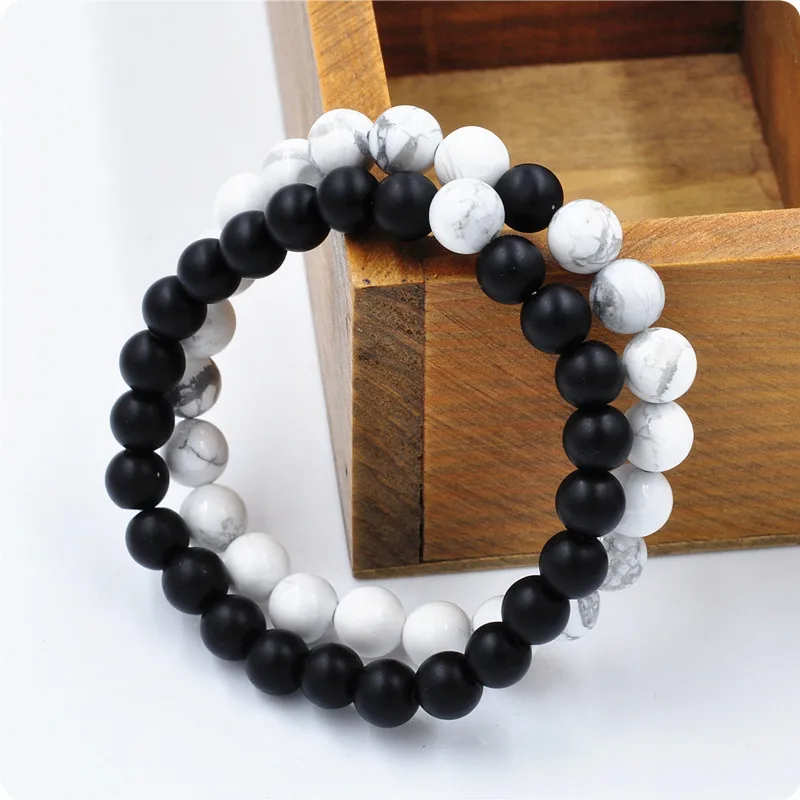 

2Pcs/Set Couples Distance Bracelet Classic Natural Stone White and Black Yin Yang Beaded Bracelets for Men Women Best Friend Hot