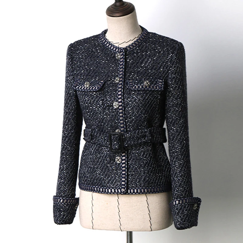 

Blue tweed jacket woven spring / autumn women's jacket Coat new style belt Burr ladies jacket coat