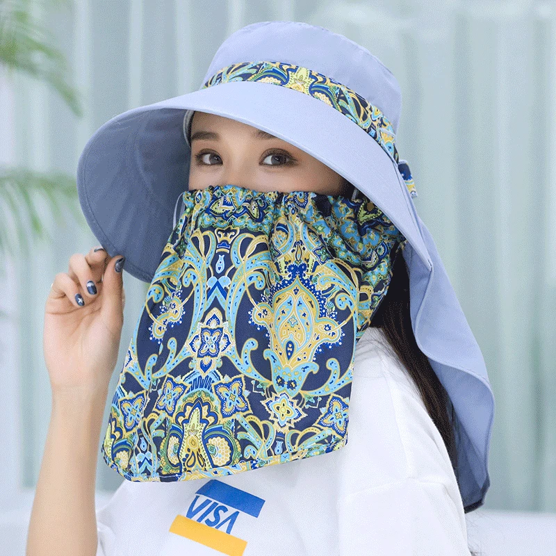 

NEW Fashion Women Summer Outdoor Riding Anti-UV Sun Hat Beach Foldable Sunscreen Floral Print Caps Neck Face Wide Brim Hat