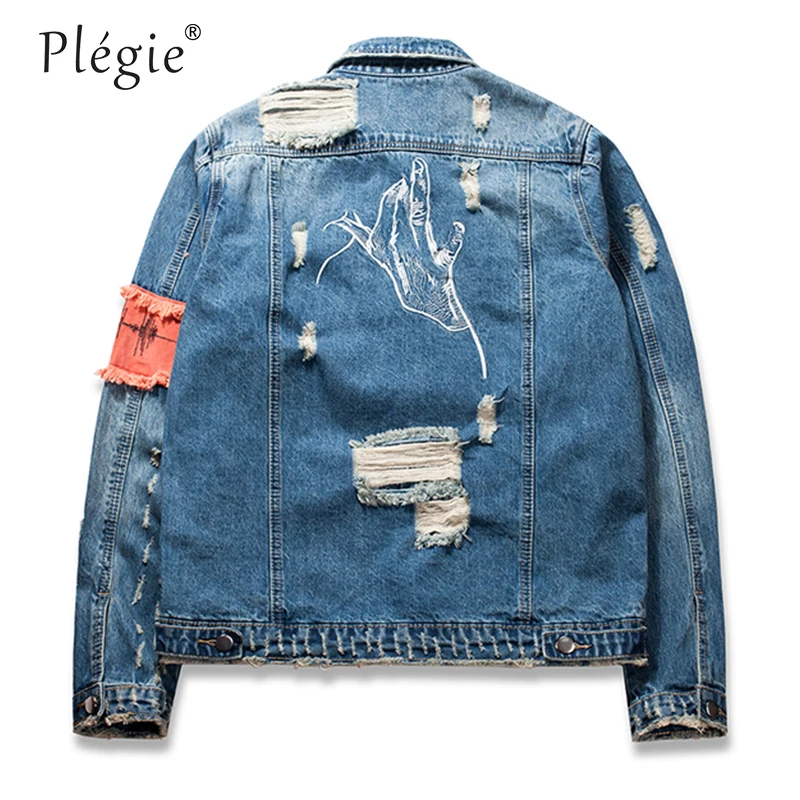 Plegie Men Ripped Ribbon Jeans Jackets Washed Patchwork Distressed Denim 2018 Mens Slim Fit Streetwear HipHop Vintage Jacket Plegie Men Ripped Ribbon Jeans Jackets Washed Patchwork Distressed Denim 2018 Mens Slim Fit Streetwear HipHop Vintage Jacket