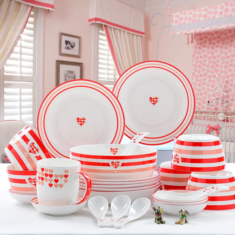 

28pcs/set, bone china tableware set, ceramic dinnerware bowl plate, food thermal container, wedding decoration household gift
