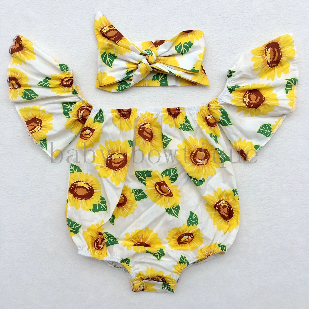 

Small Sunflower Summer Floral Baby girl off the shoulder romper with headband