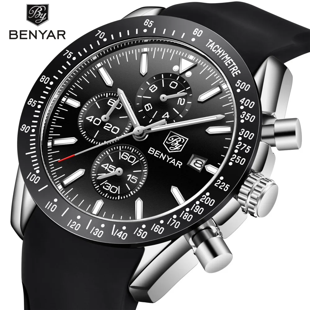 

2019 New BENYAR Men Watches Brand Silicone Waterproof Quartz Military Watch Box Relogio Masculino erkek askeri celik kuvars saat