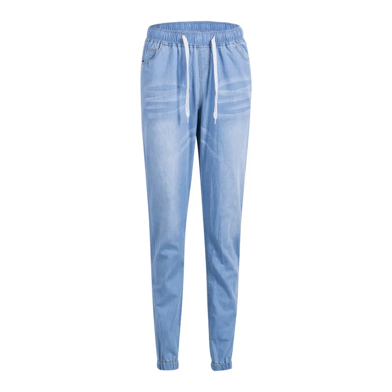 Модные новые женские повседневные однотонные джинсовые штаны, женские свободные мягкие джинсы для бега с эластичной резинкой на талии, размер S-5XL - Цвет: Небесно-голубой