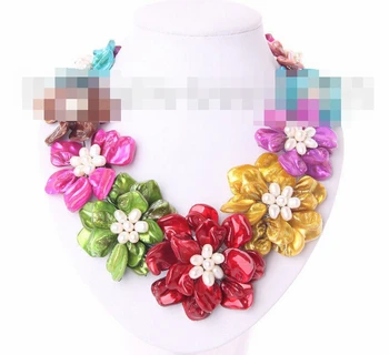 

02366 classic white baroque pearl multicolor shell flower leather necklace