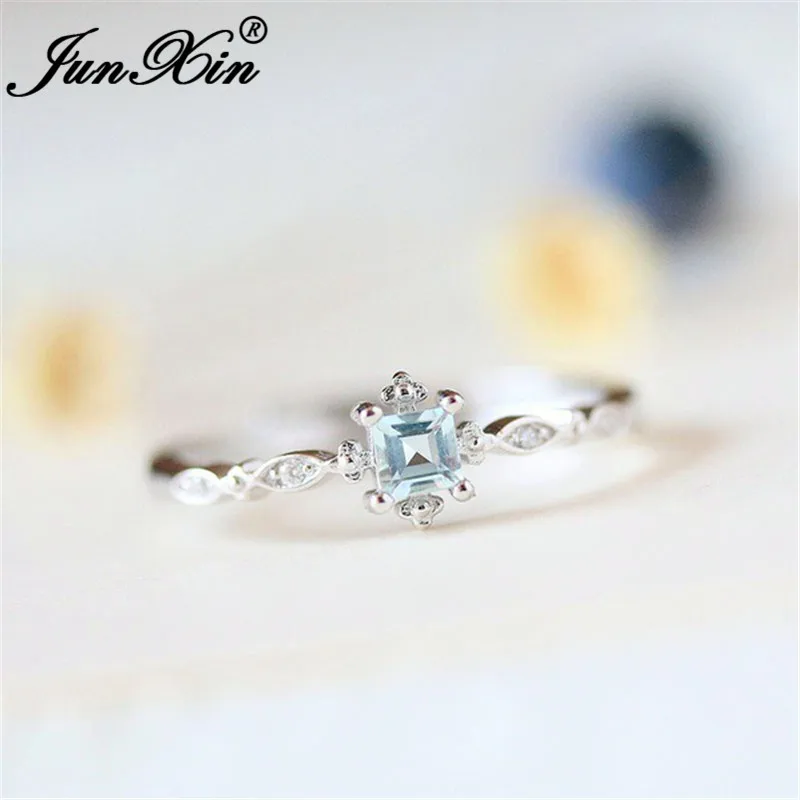 JUNXIN Female Clear Blue Crystal Engagement Rings For Women 925 Silver Filled Small Square CZ Stacking Wedding Thin Ring Jewelry