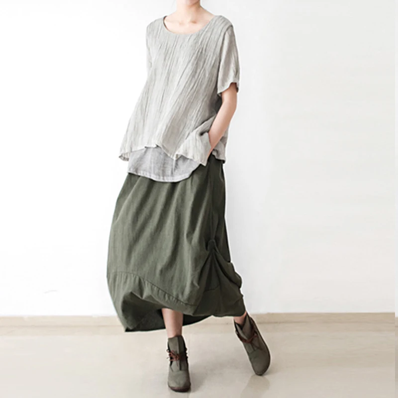 

Johnature Original Solid Color Women Cotton Linen Skirt 2019 New Irregular Fold Loose Plus Size Skirt Casual Pockets Vintage