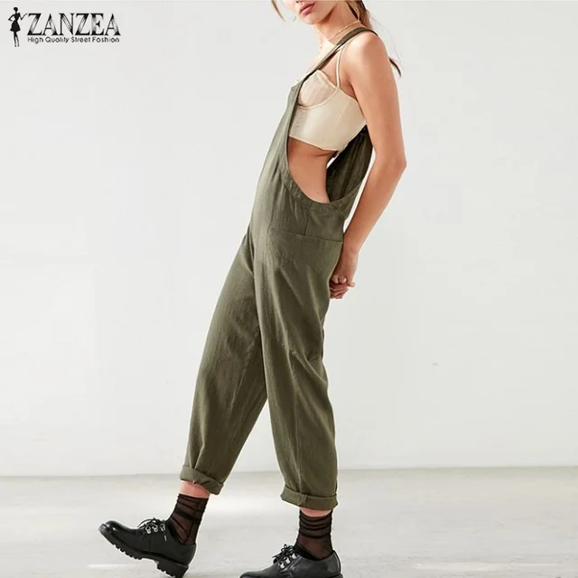 Fashion Cotton Linen Jumpsuits ZANZEA Women Dungarees Solid Backless Suspender Casual Rompers Harem Pants Trousers Bib Overalls 1