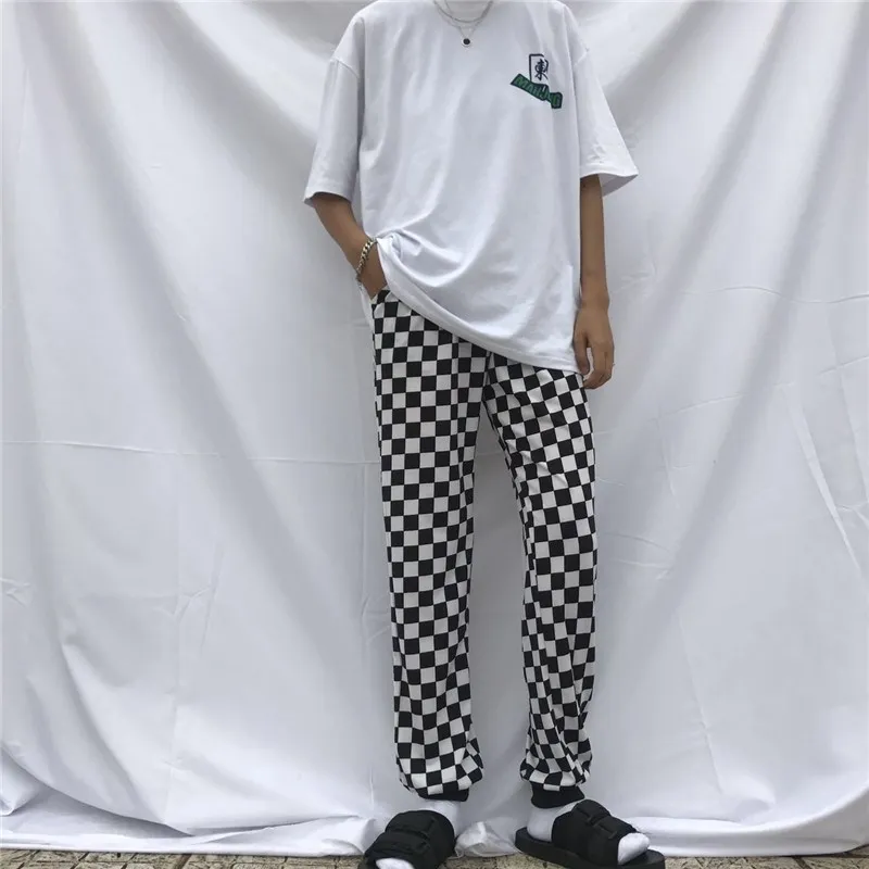 Корейский Ретро стиль черные и белые брюки в клетку уличная одежда новая мода уличные мужские и женские брюки ins