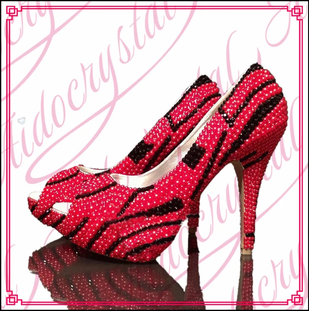 

Aidocrystal Fashion Sweet Red with Black Wedding Shoes High Heels Pearls Bride Dress Shoes 8cm/10cm/12cm/14cm Heel