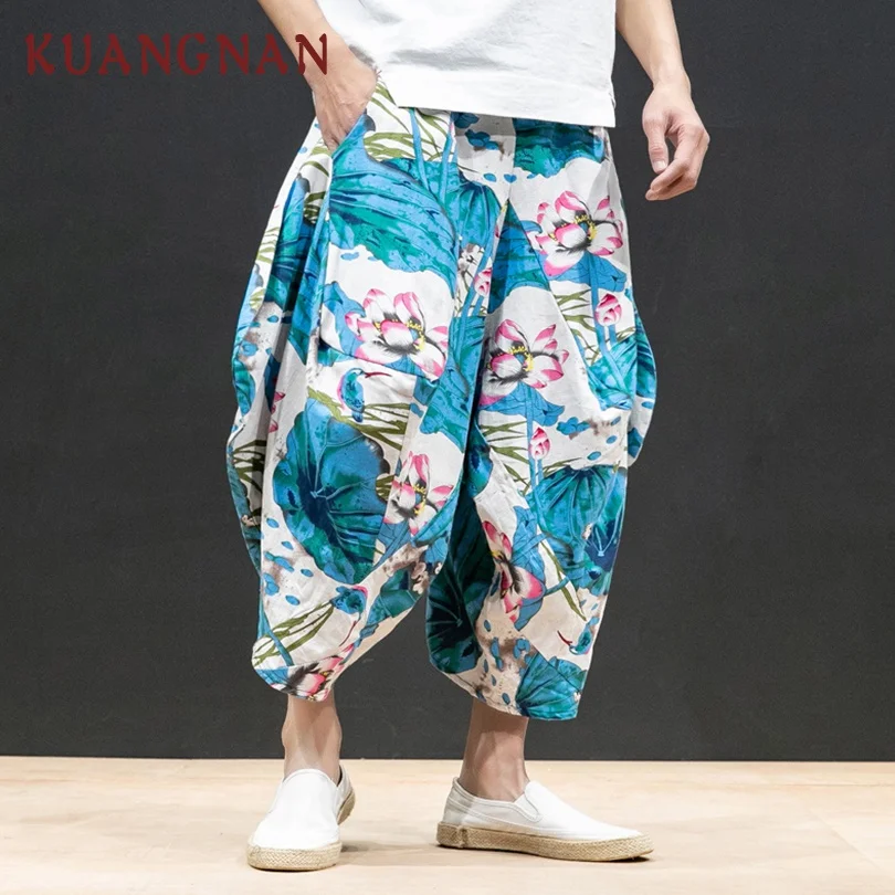 KUANGNAN льняные брюки в китайском стиле, Мужские штаны для бега, Японская уличная одежда для бега, Мужские штаны в стиле хип-хоп, спортивные