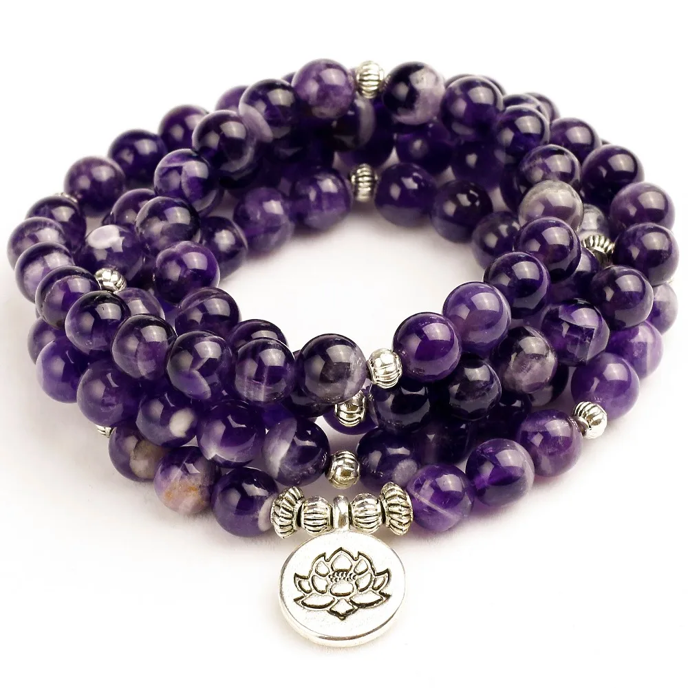 Tanie Kobieta Mala Unisex bransoletki dla kobiet naturalny fioletowy kwarc energii joga Mala Lotus 108 bransoletka buddyjska z koralików biżuteria z kamienia