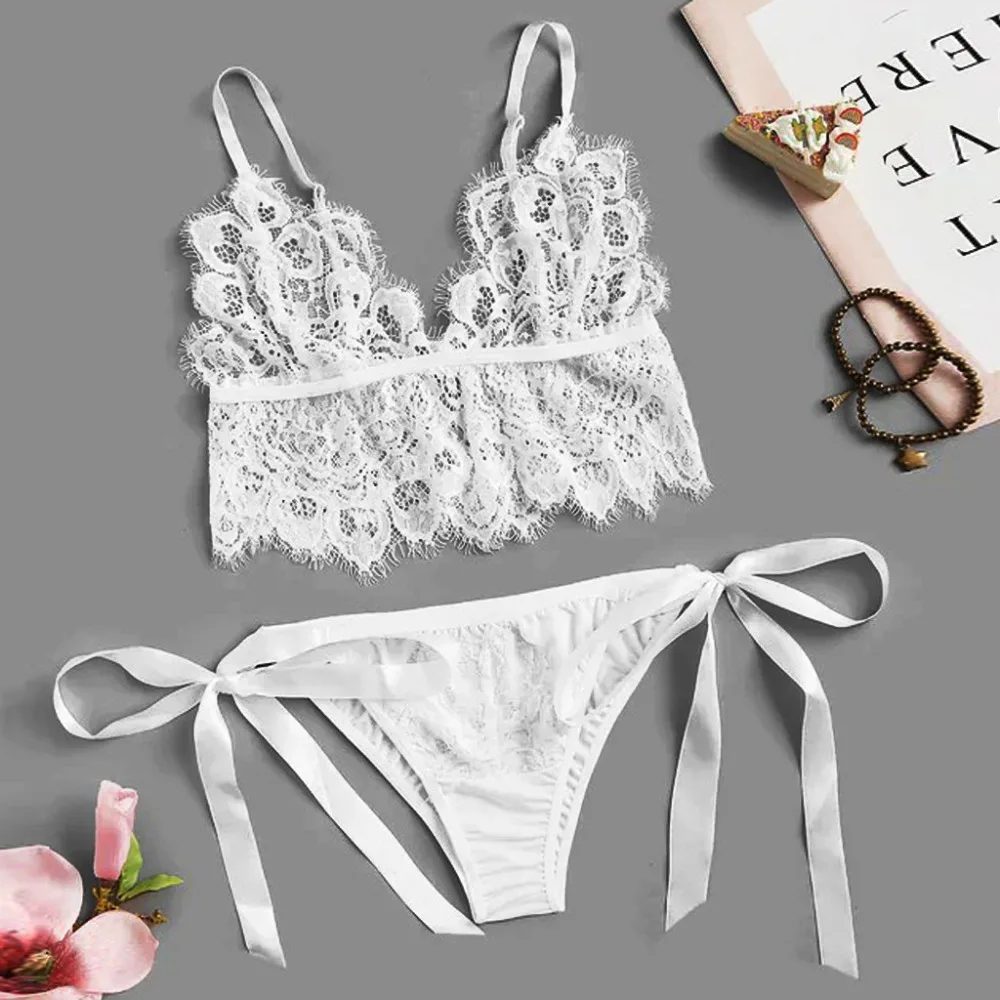 

Floral Lace Tie Side White Lingerie Set Wire Free Underwear Bralette Set Lingerie Woman Sexy Bras Sets unterwasche damen #15