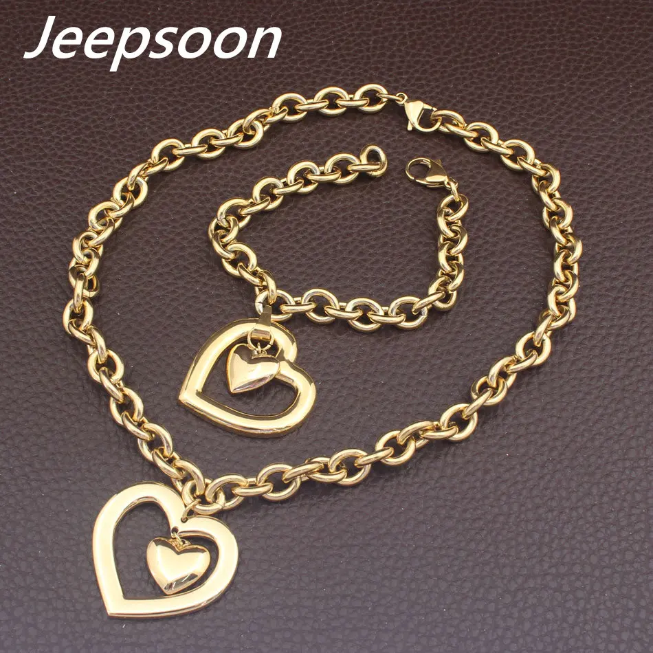 HOT Stainless Steel fashion Heart Jewelry gold color Necklace Bracelet stud earrings sets for women SBJFLVDC - Image 6