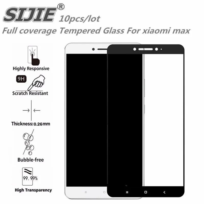 

SIJIE 10PCS Full coverage Tempered Glass For xiaomi max 0.26mm Screen Protector front 9H thin cover black White gold Colorful