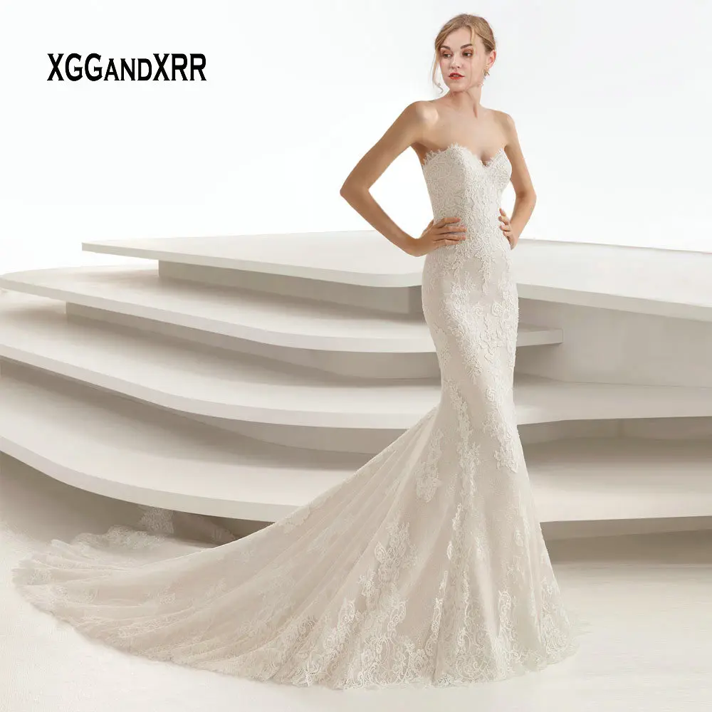 

Sexy Sweetheart Off the Shoulder Mermaid Lace Wedding Dress Appliques Backless Long Bridal Gown Zipper Back with Buttons