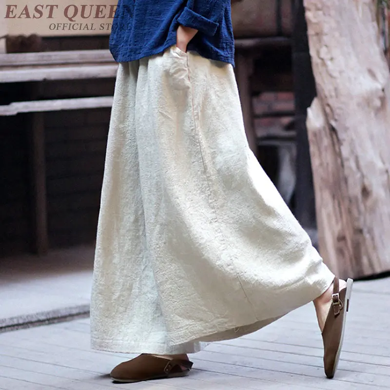 Chinese style linen Palazzo culotttes femme wide leg pants women female loose baggy ladies elegant pants trousers FF1268