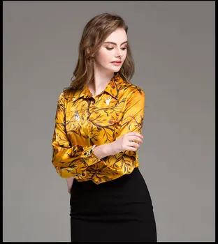 

Silk Swallow golden colour temperament long-sleeve women's large size shirt spring silk lapel shirt