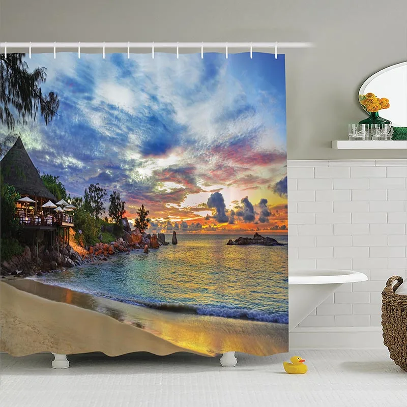 Shower Curtain Beach at Sunset Cafe on Tropical Hotel Restaurant Luxury