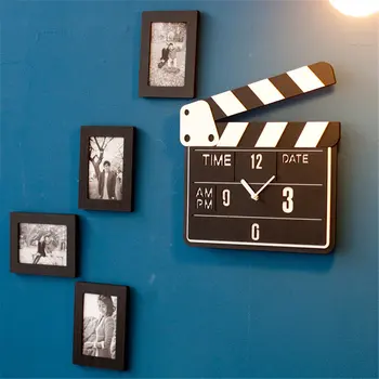

Pine Wood Wall Clock Advanced Unique Exquisite Vogue European Film Clap-stick Board Style Silently Clock for Cafe Home Decor